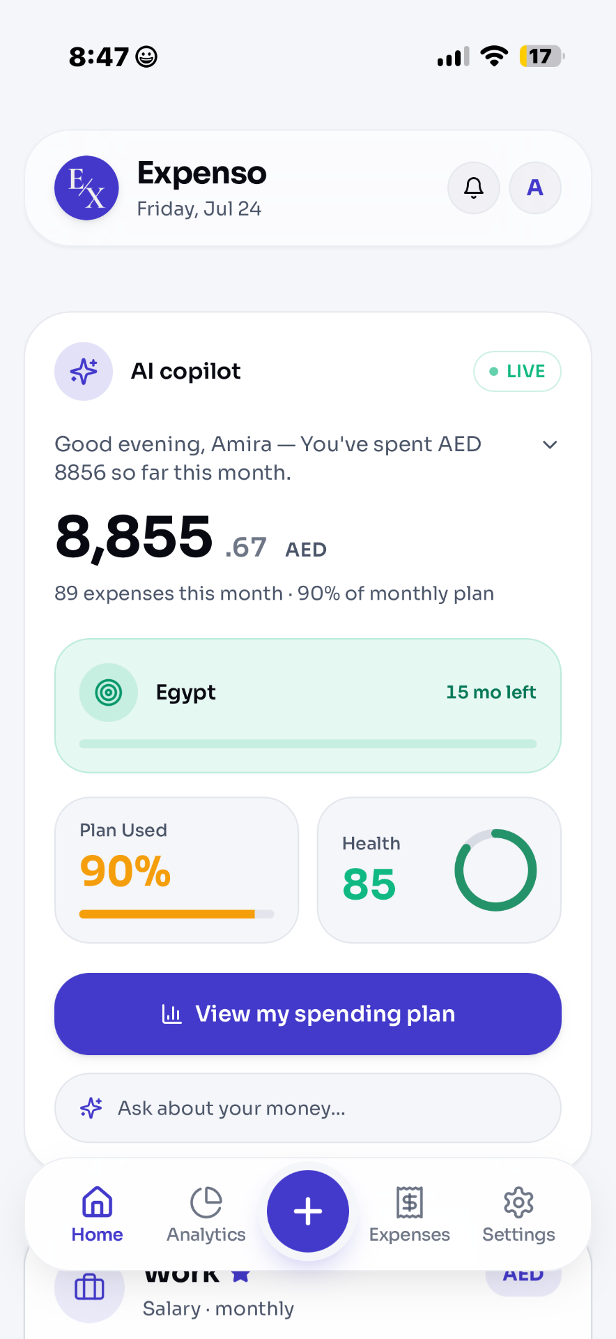 Expenso home screen with AI Copilot, monthly plan and financial health