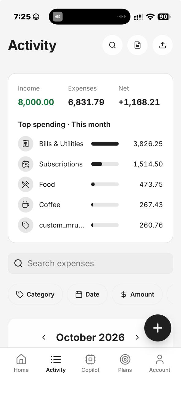 Expenso Activity screen showing income, expenses and top spending categories