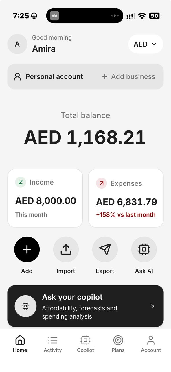Expenso mobile home screen showing AED balance, income, expenses and Copilot access