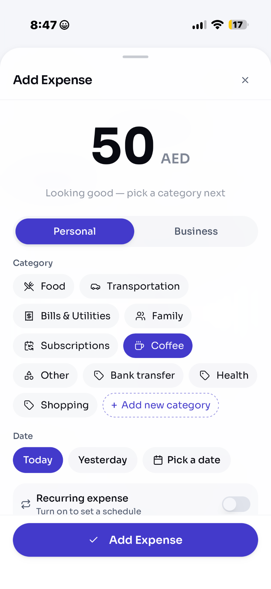 Expenso add expense flow with categories, date and recurring toggle
