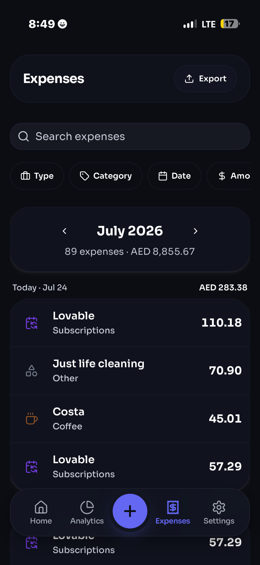 Expenso monthly expenses list with search and filters in dark mode