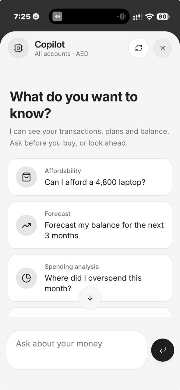 Expenso Copilot screen with affordability, forecast and spending analysis questions