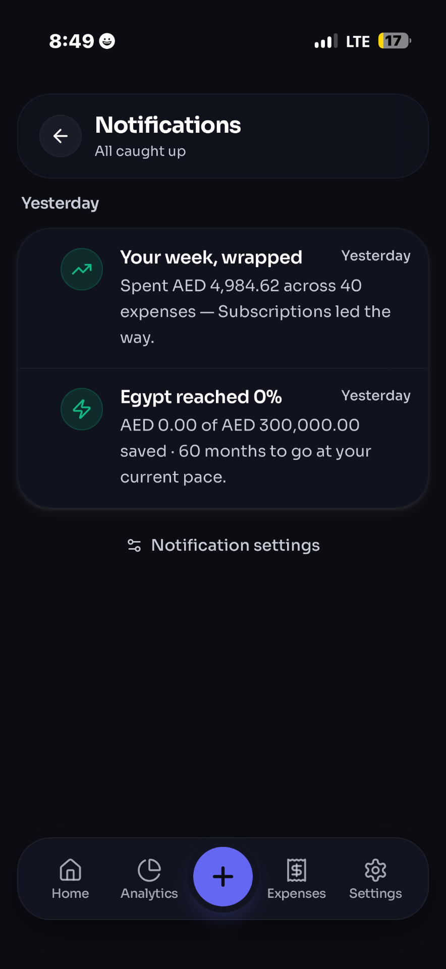 Expenso notifications with weekly wrap and savings milestones