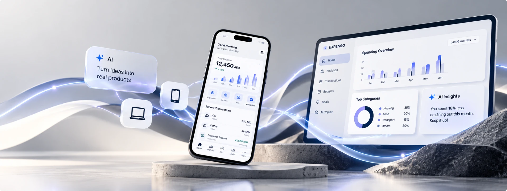 Expenso shown on a phone and a web dashboard, with floating glass cards and blue light trails