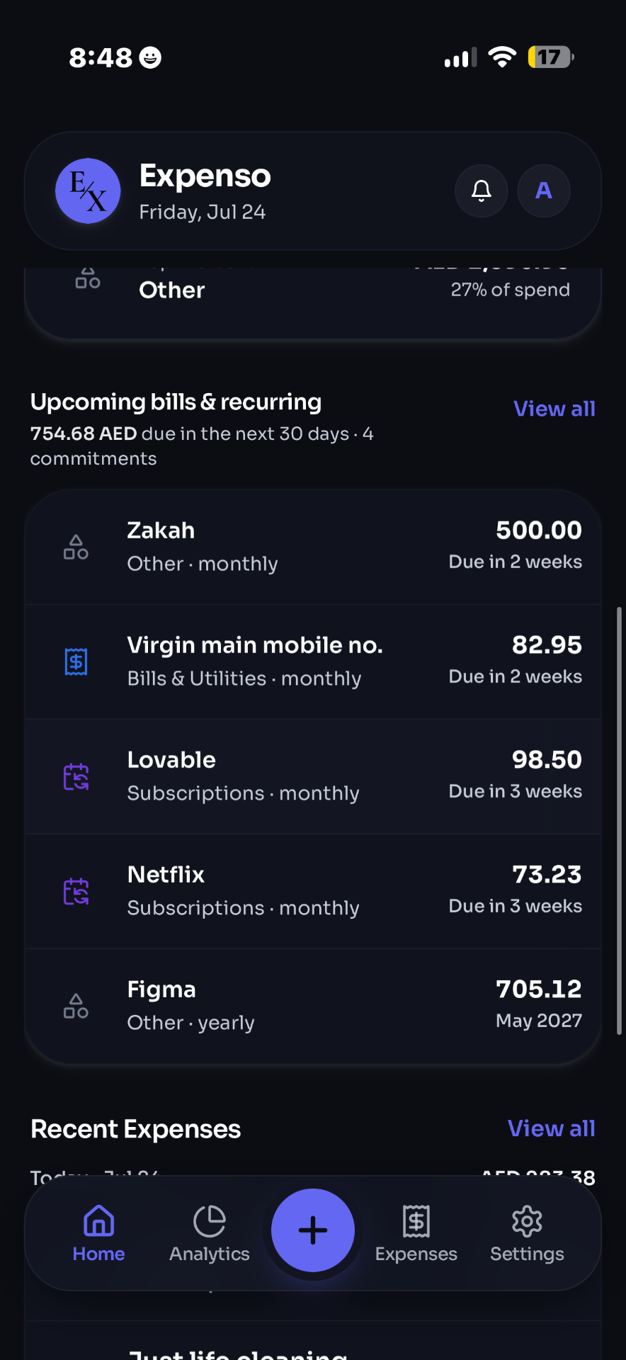 Expenso upcoming bills and recurring subscriptions in dark mode